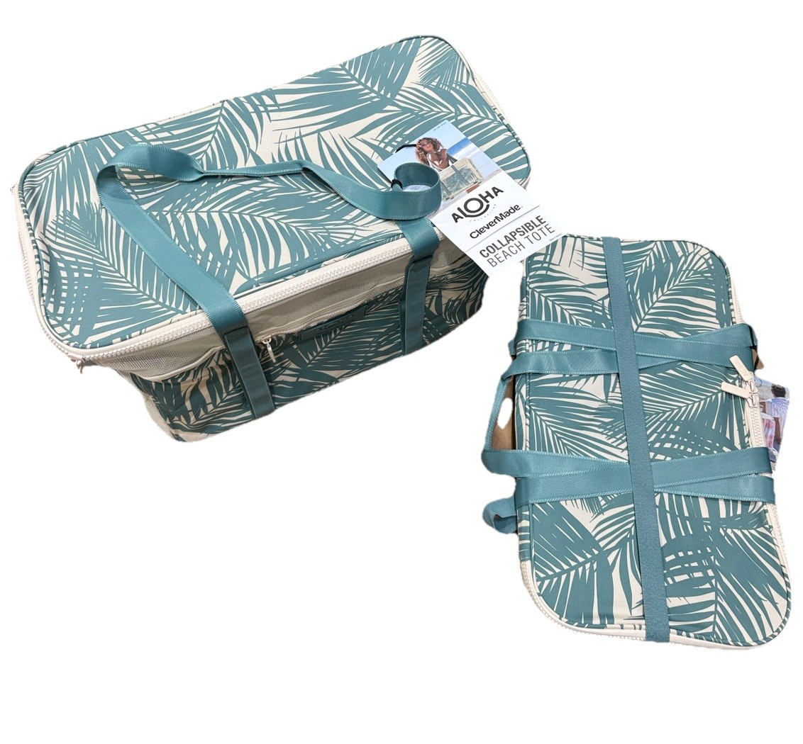 Aloha CleverMade Collapsible Beach Tote Bag Zip Top Tropical Print Green