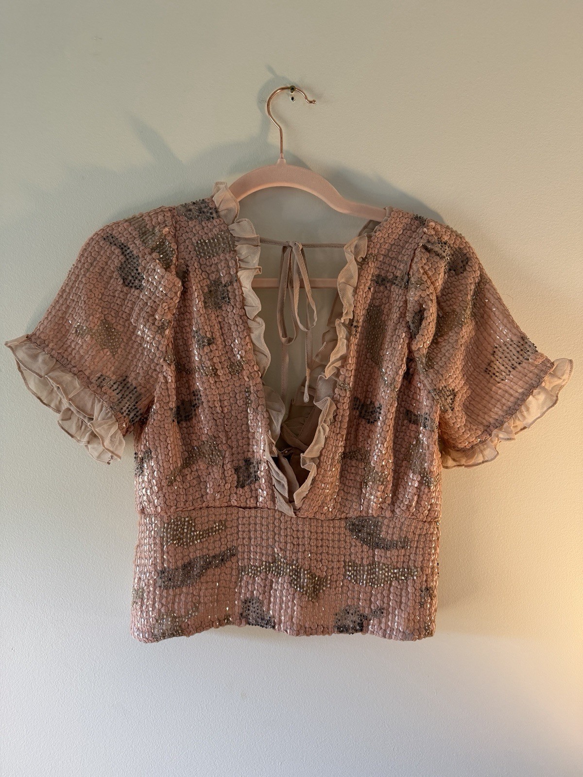 NWT Anthropologie Forever That Girl Sequin Ruffle Crop Top Pink XS $160