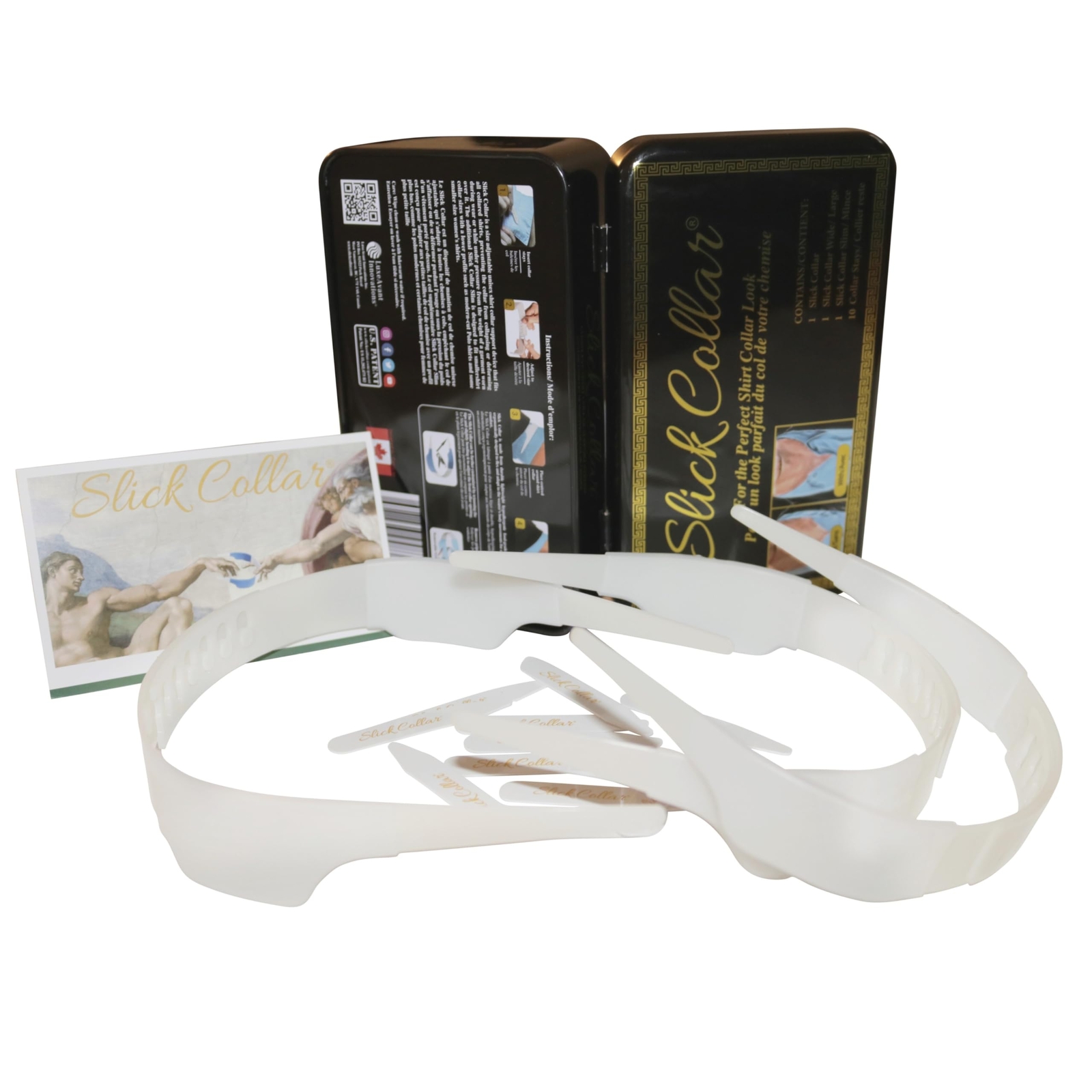 Shirt Collar Support System set with 3 adjustable, 10 premium Collar Stays &