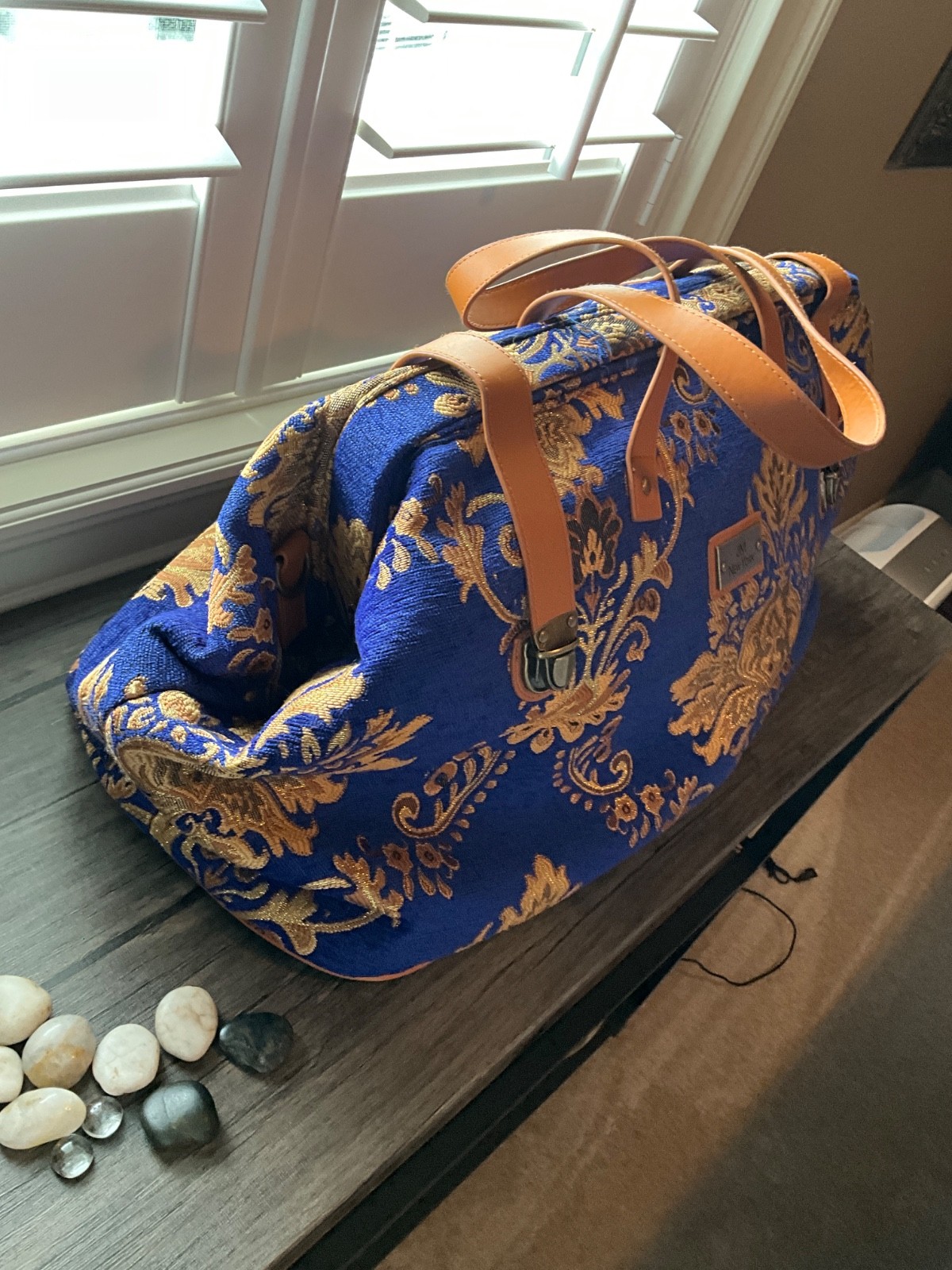 retro carpet bag large blue and gold