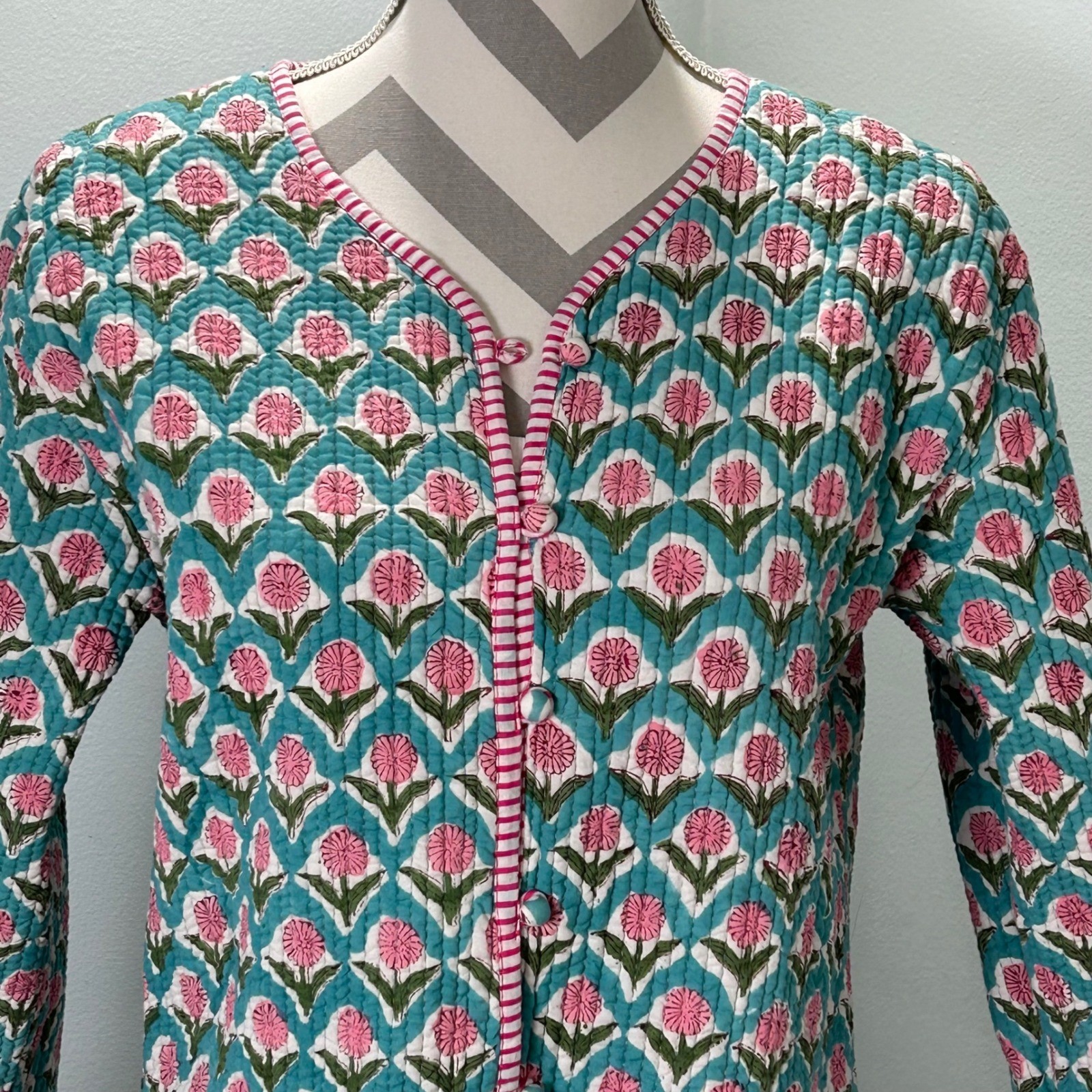 Block Print Quilted Jacket Turquoise Pink Floral Reversible Button Front Medium