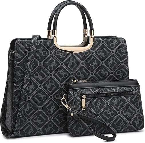 Handbags women, Black w/ gold accents, 14.5″W x 11″H x 4″D, handle drop 4.7″