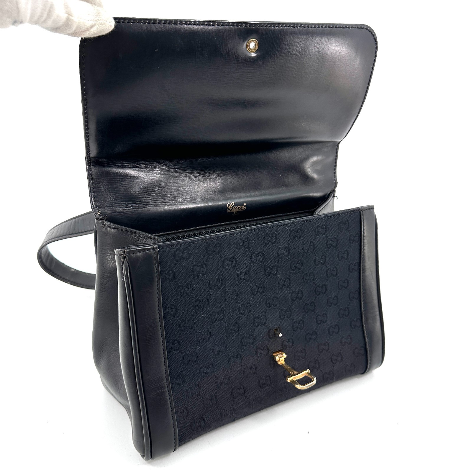 Vintege GUCCI Shoulder Bag GG Horse Bit Black Leather Canvas Auth From Japan
