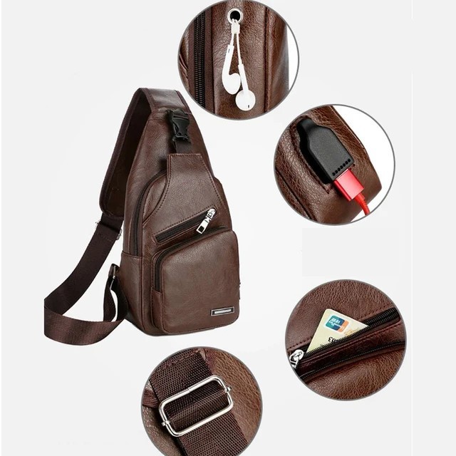 Men’s Leather Sling Bag Chest Pack Crossbody Shoulder Backpack USB Earphone Port