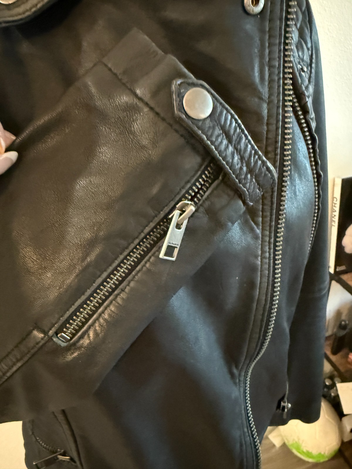 AllSaints Cargo Biker Black Leather Moto Jacket Women US 0 Distressed