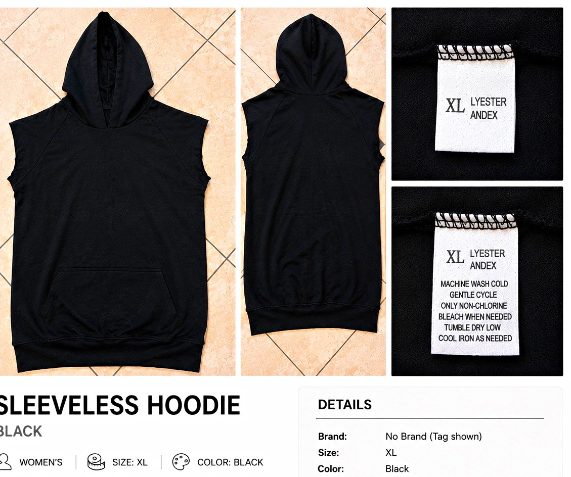 Men’s Black XL Sleeveless Pullover Hoodie Fleece Drawstring Kangaroo Pocket