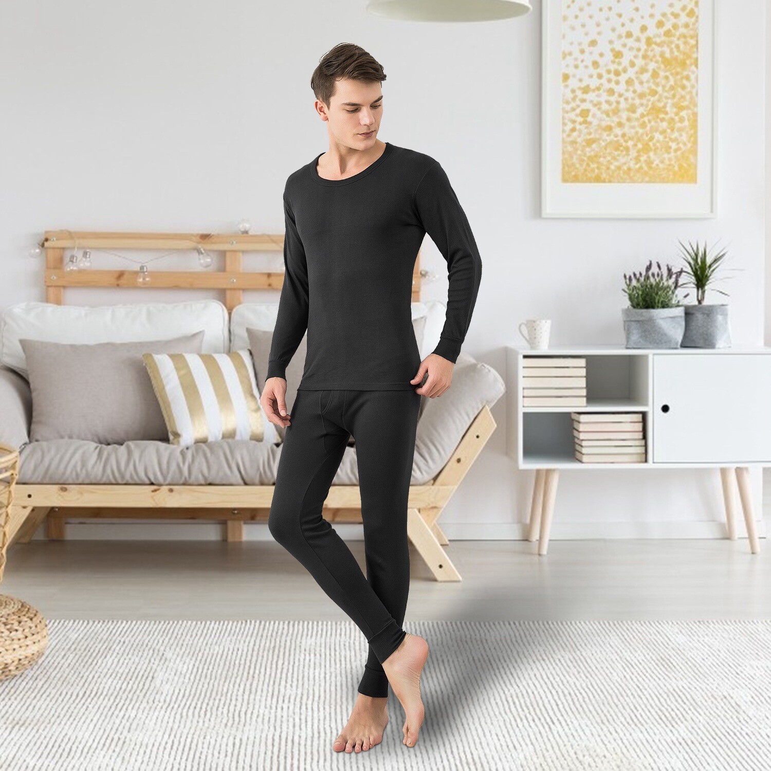 Men Thermal Underwear Set Cotton Long Johns Pants Sleeve Top Bottom Sports Suits