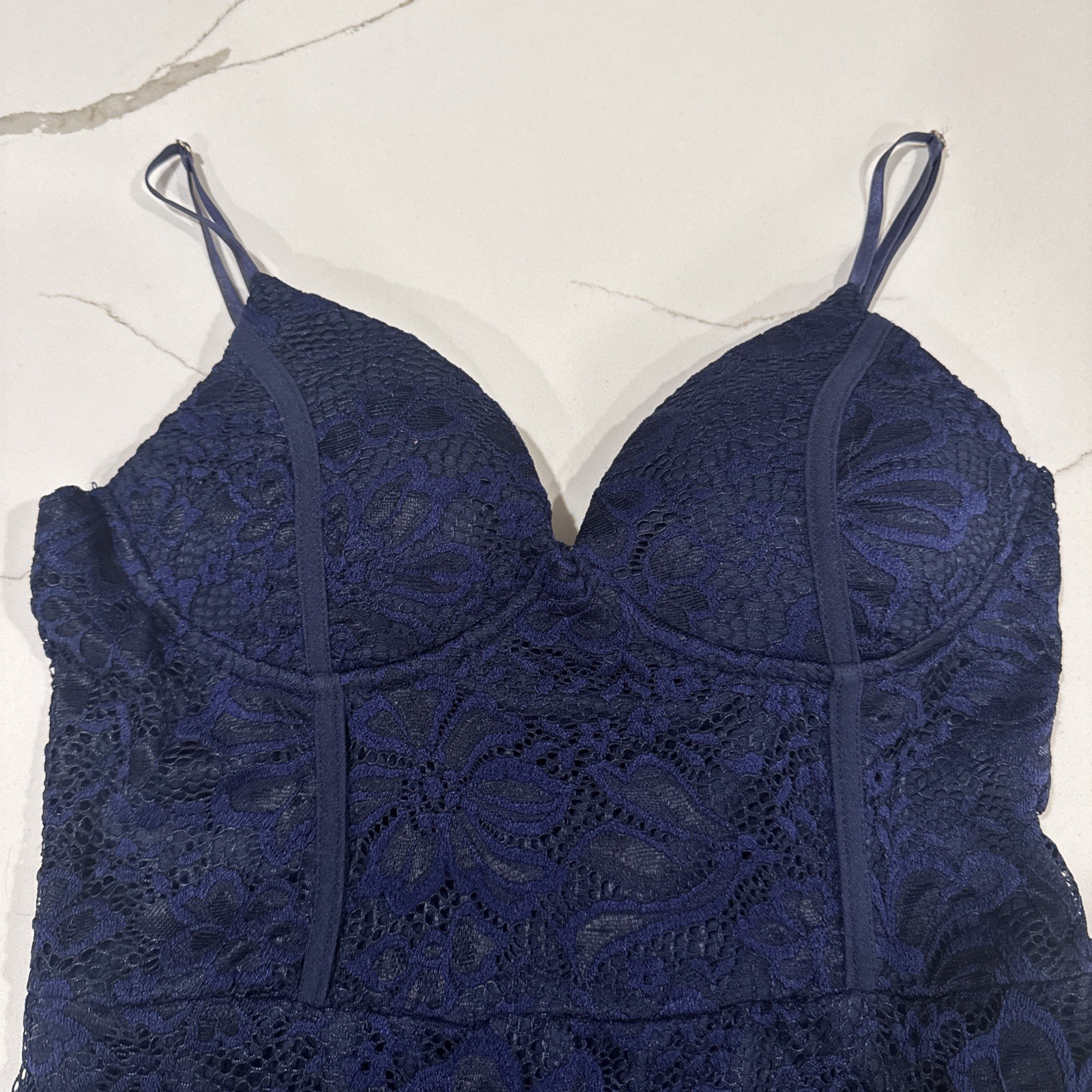Blue Lacy Dress, small Slit In Back, Form Fitting, Size M, Built In Bra, Windsor