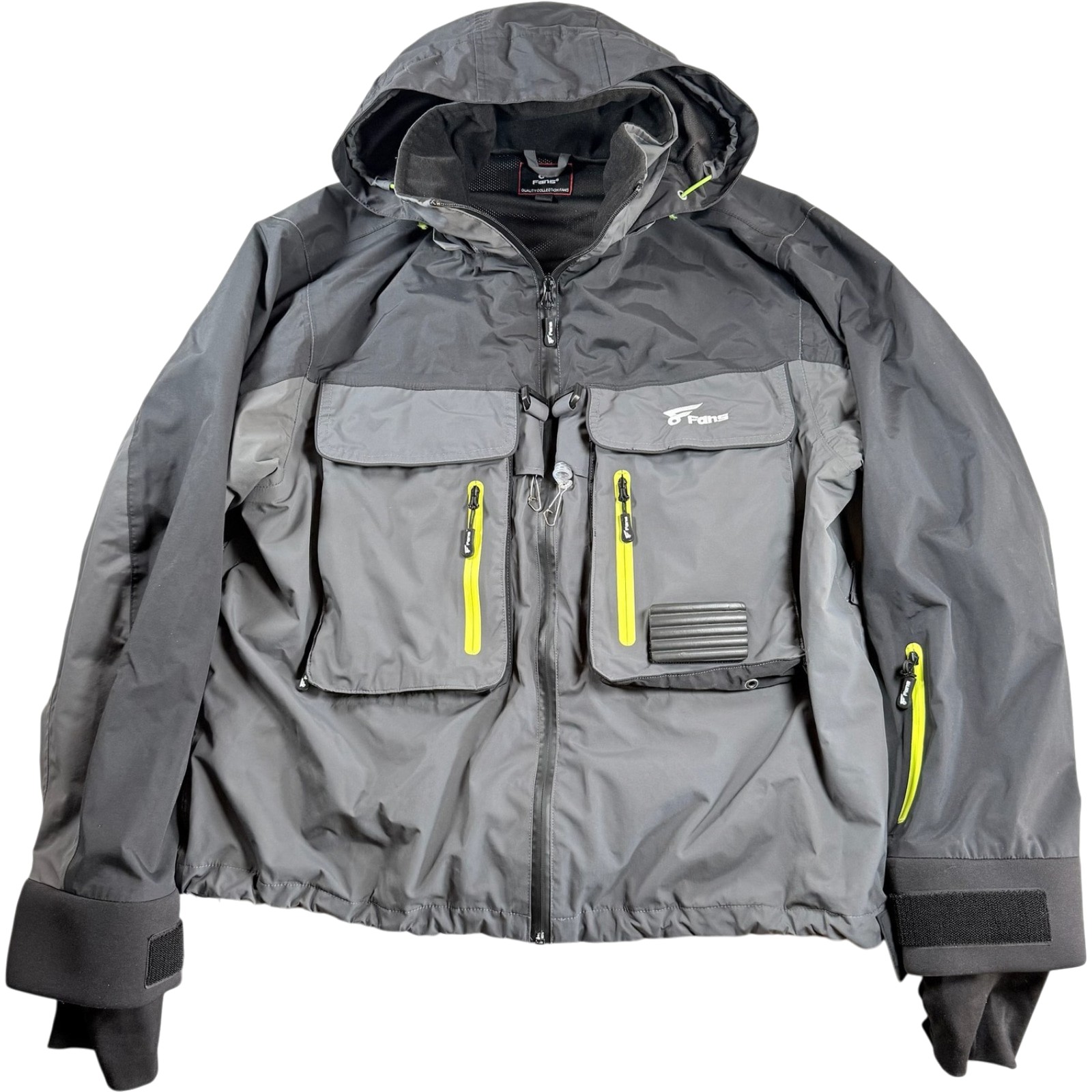 Fans Fly Fishing Wading Jacket Hooded Waterproof Gray Yellow Mens Size Large