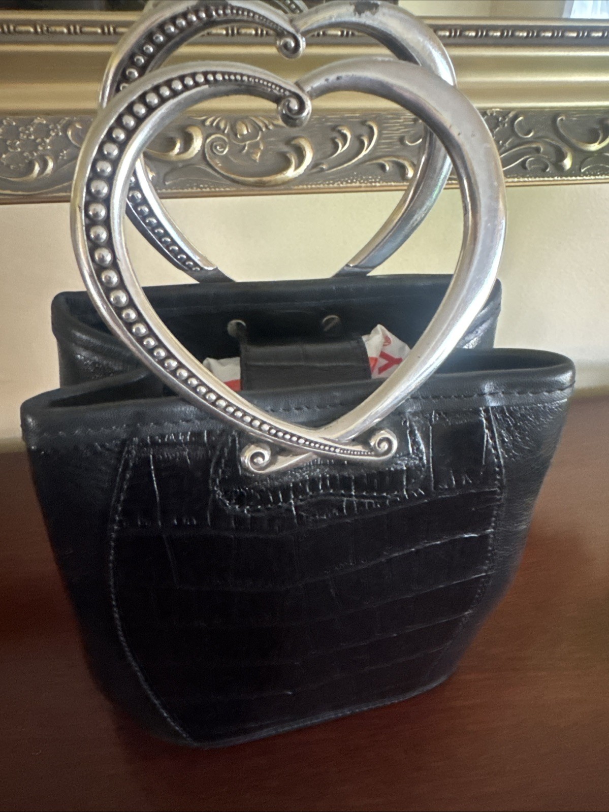 Vintage BRIGHTON Corazon Black Croc Embossed Silver Heart Handle Bucket Purse