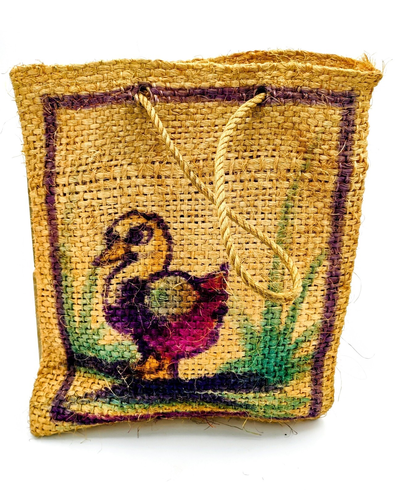 Burlap Bag, Handpainted Duck Mexico 10.5 Inches Vintage