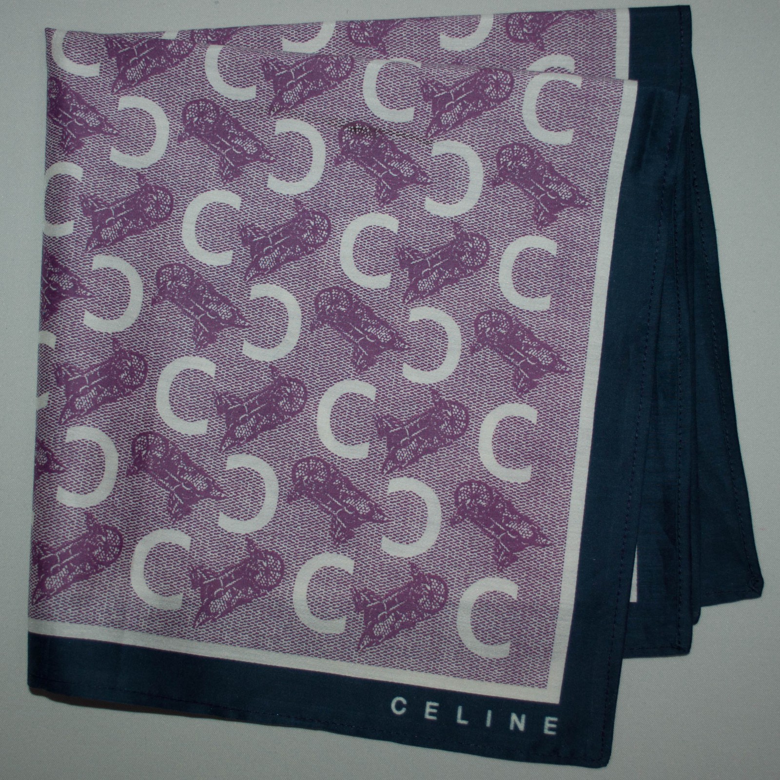 Celine horse and carriage pattern mulberry silk & cotton scarf Logo 47x47cm.
