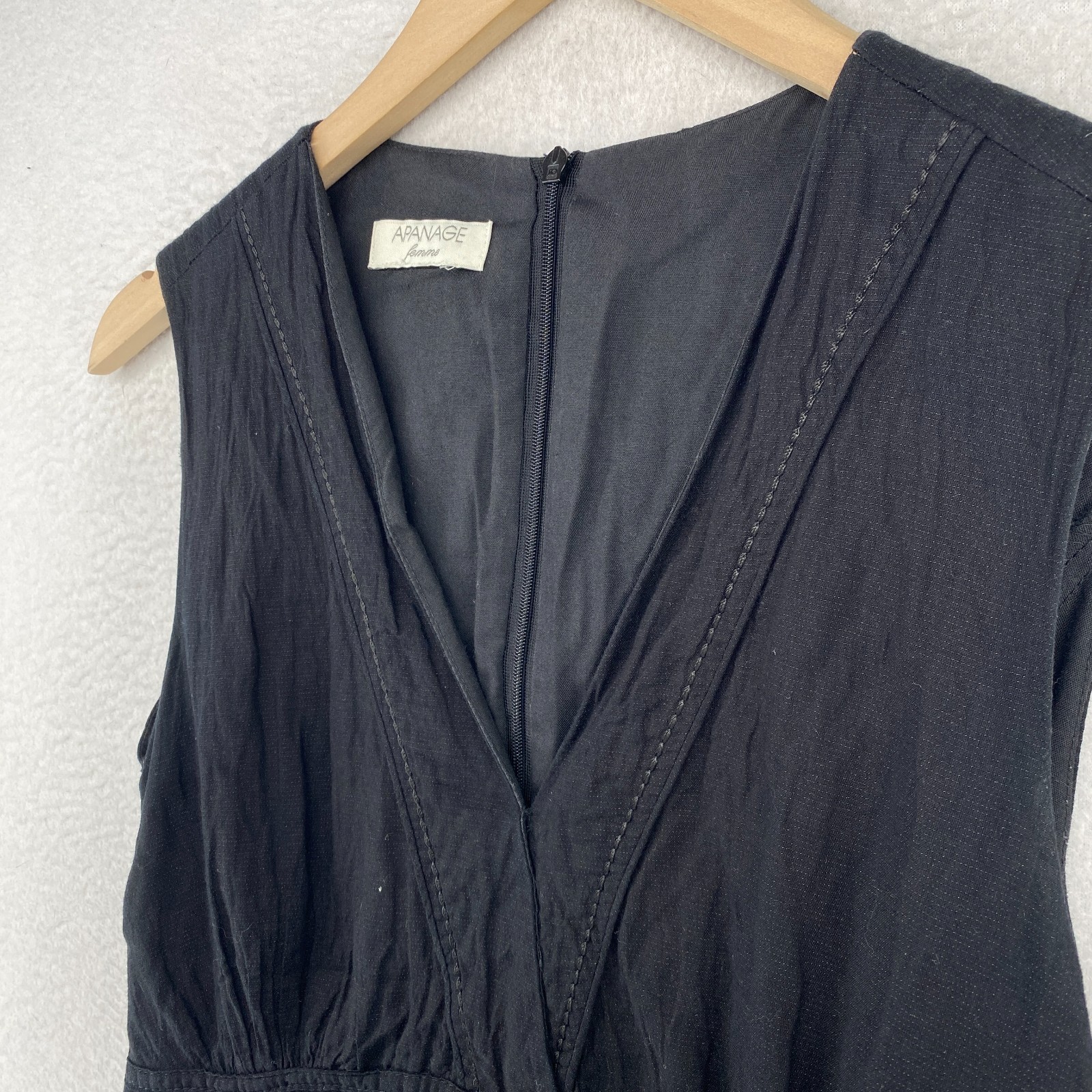 APANAGE Dress 6 Cotton Metallic Crinkle V-Neck Sleeveless Back Zip Tie Black