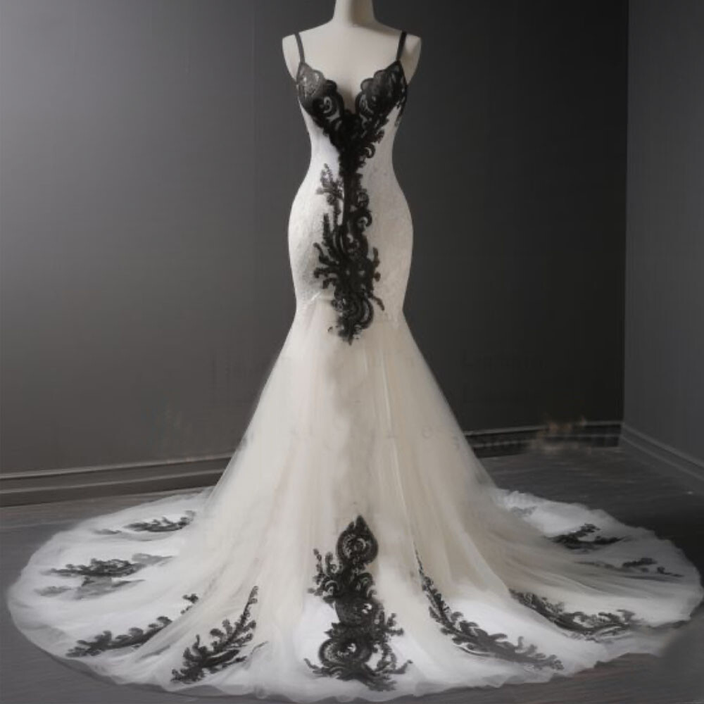 Mermaid Bridal Gown Spaghetti Strap Black Lace Wedding Dresses With Long Train