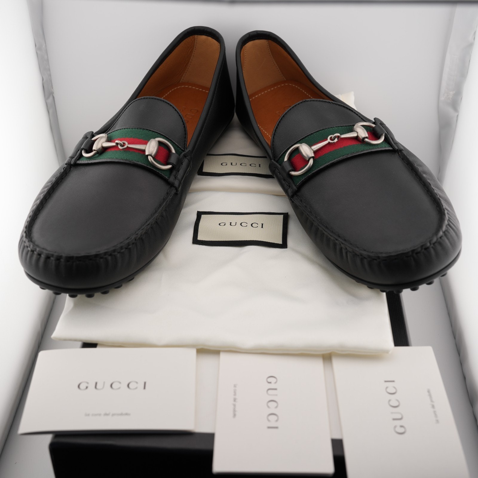 Gucci Black Leather Web Horsebit Loafers Men 11 US