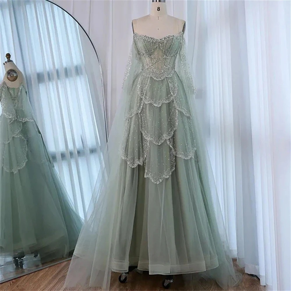 Green Evening Gown Off-Shoulder Lace-Up Back Crystal Bridal Gown-