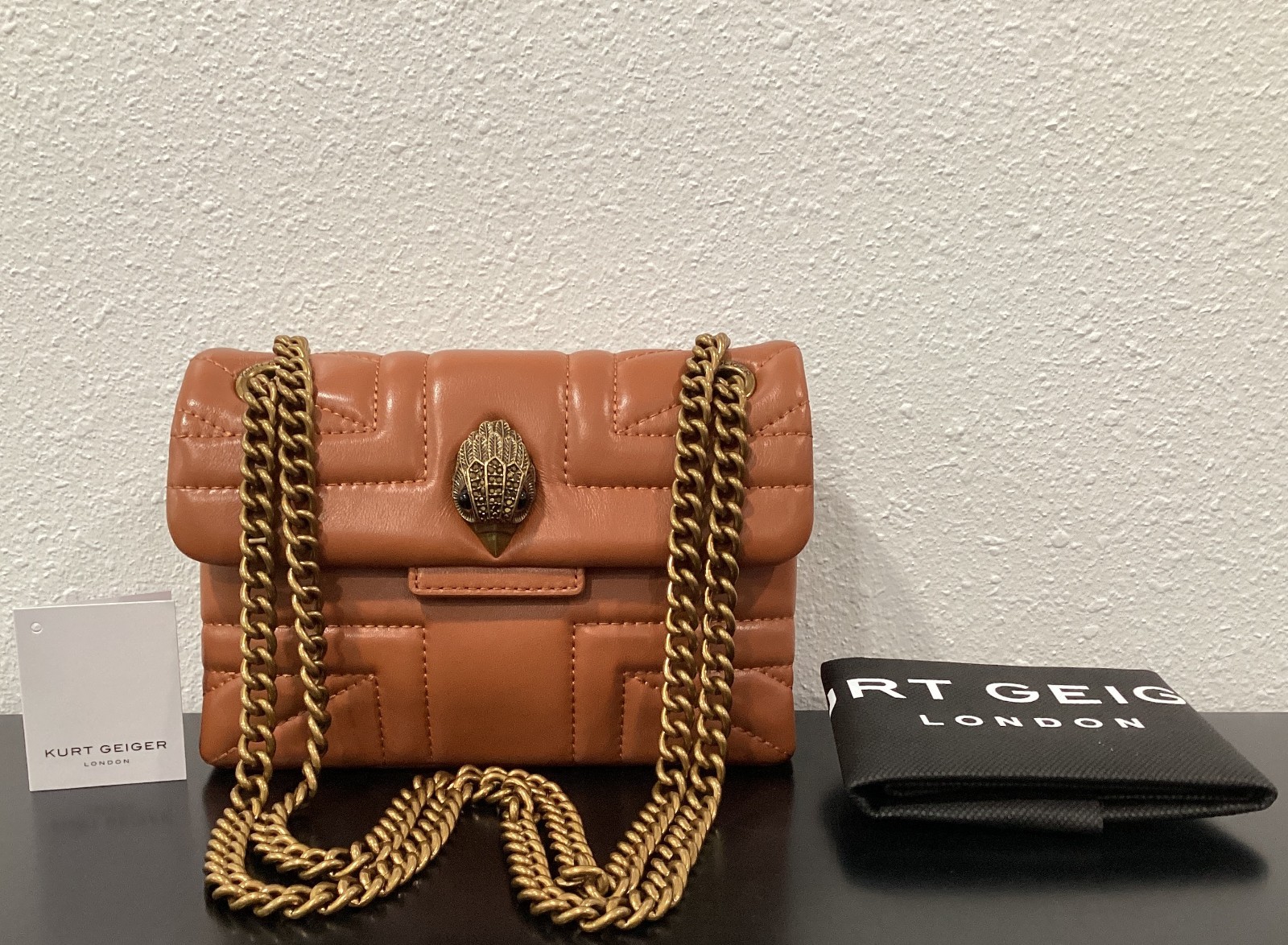 Kurt Geiger Mini The Union Jack 7.75″ x 5″ x 2.5″ Light Brown Leather Brass New