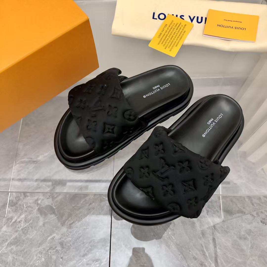Men Thick Platform Louis Vuitton Pillow Monogram Black Slide Summer Sandals