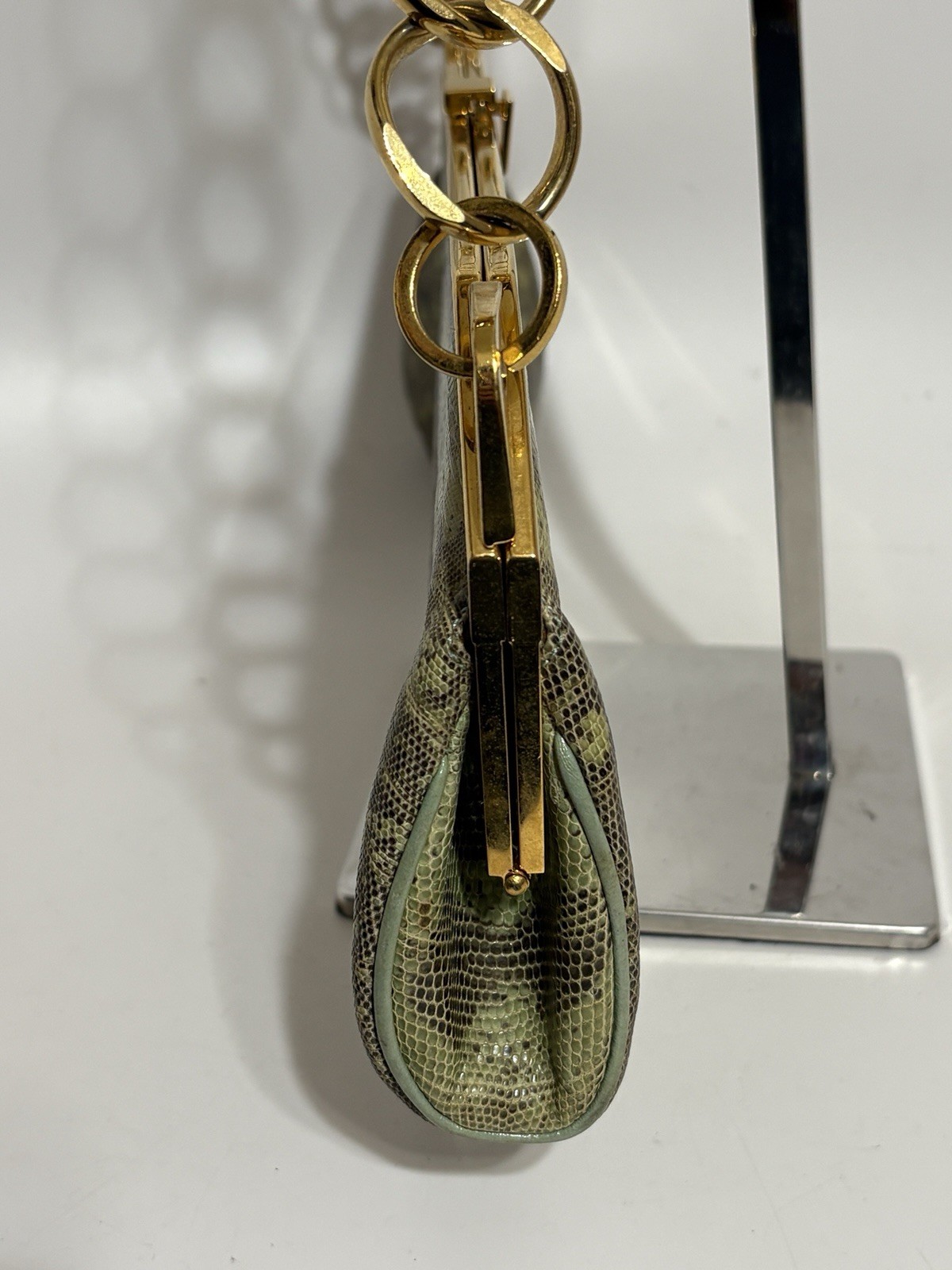 Vtg Gianni Versace Green Lizard Leather Gold Chain Strap Shoulder Bag