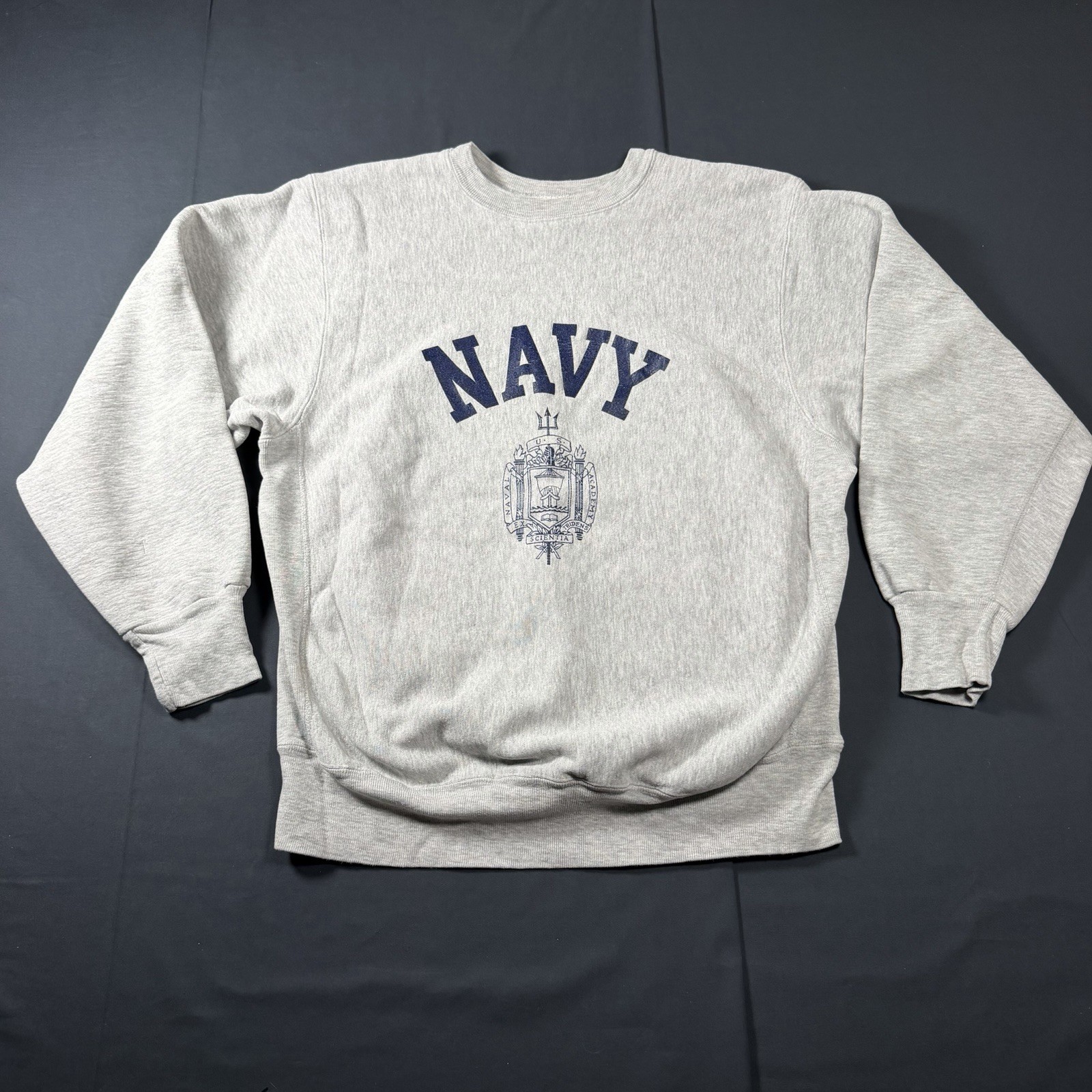 80s Vintage Grey MVP Pro-Weave US Navy Reverse Weave Sweatshirt Crewneck Size XL
