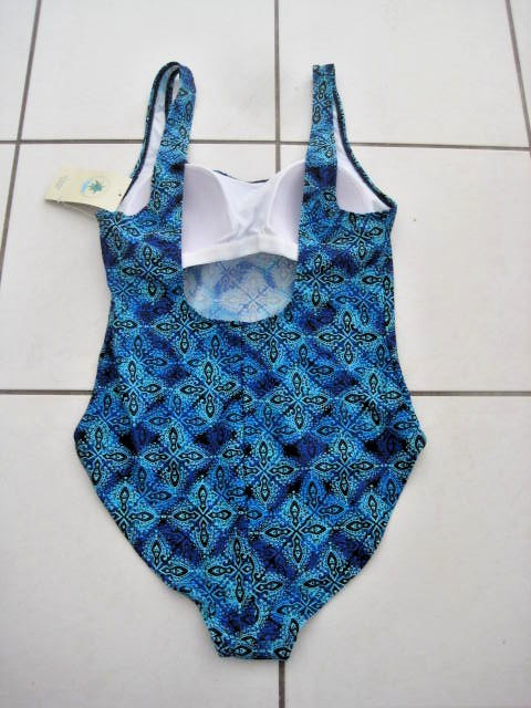 Aliana Shades of Blue Geometric One Piece Swimsuit Size 16 NWT