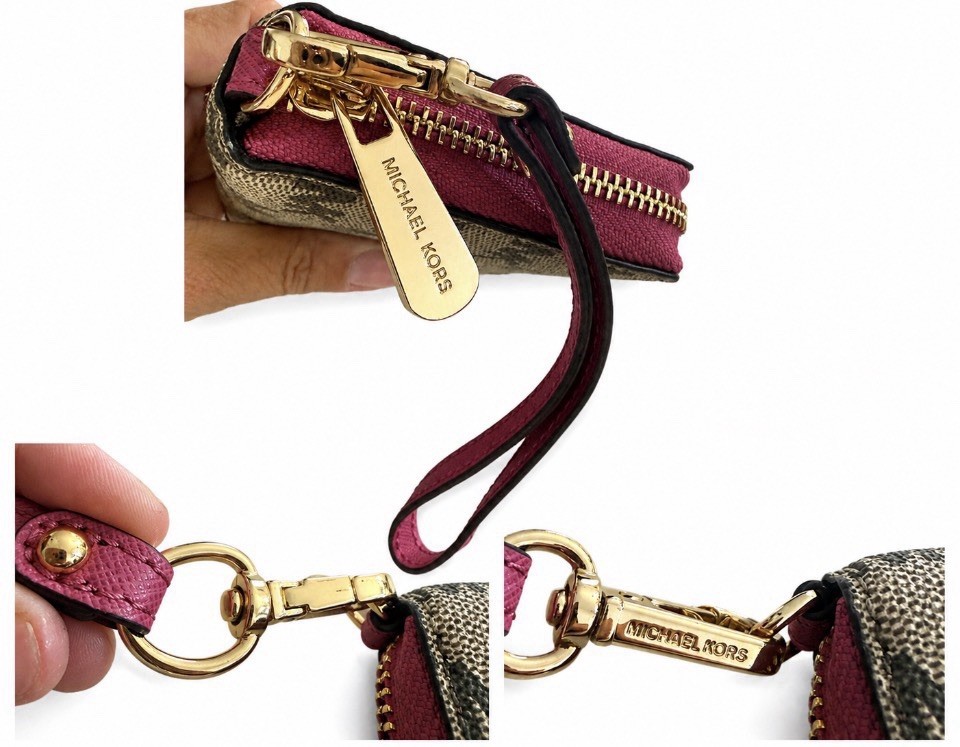 Michael Kors Jet Set Large Wallet Wristlet Brown Monogram Rasberry Center Stripe