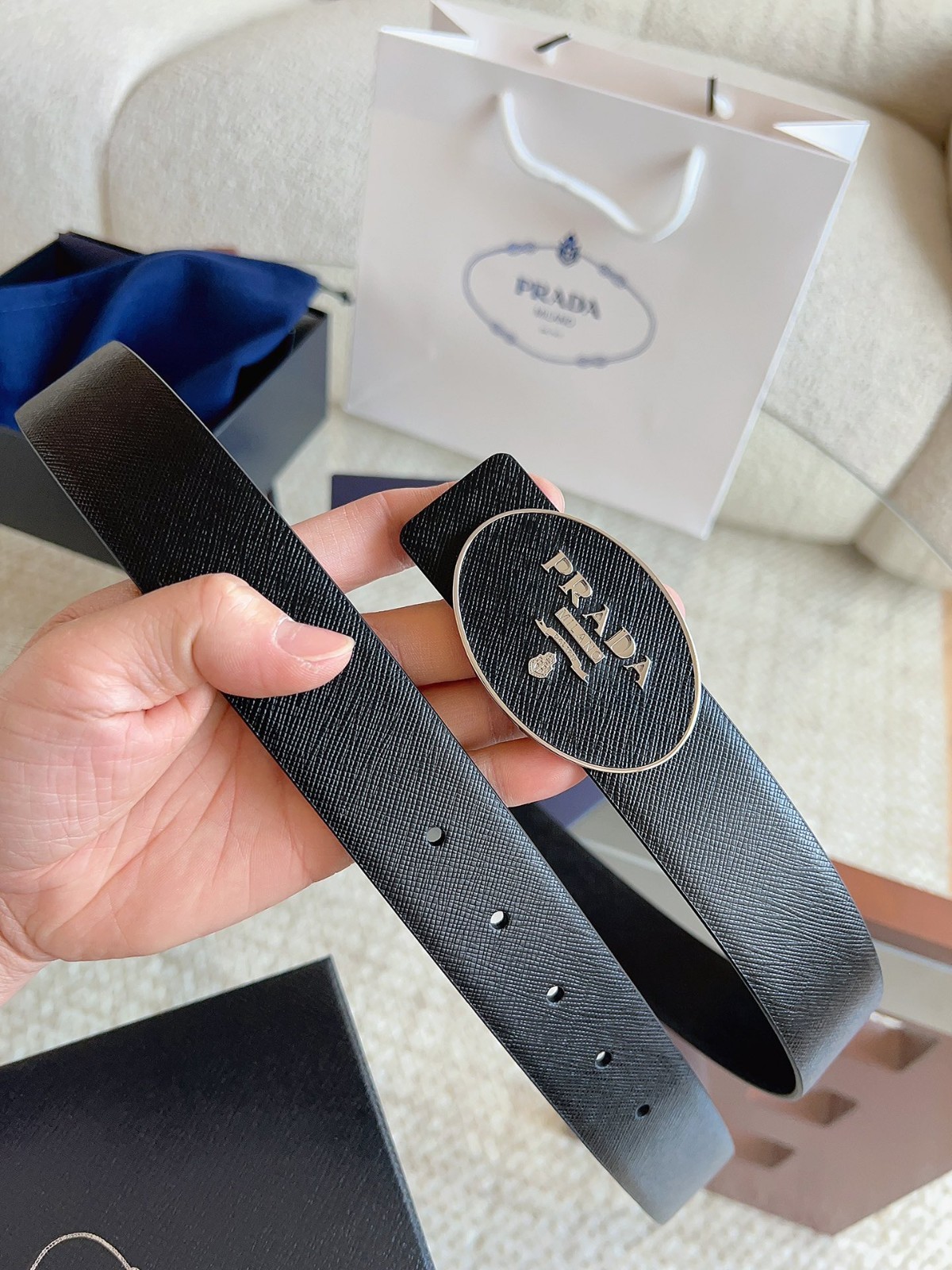 Prada men’s black-button black leather belt
