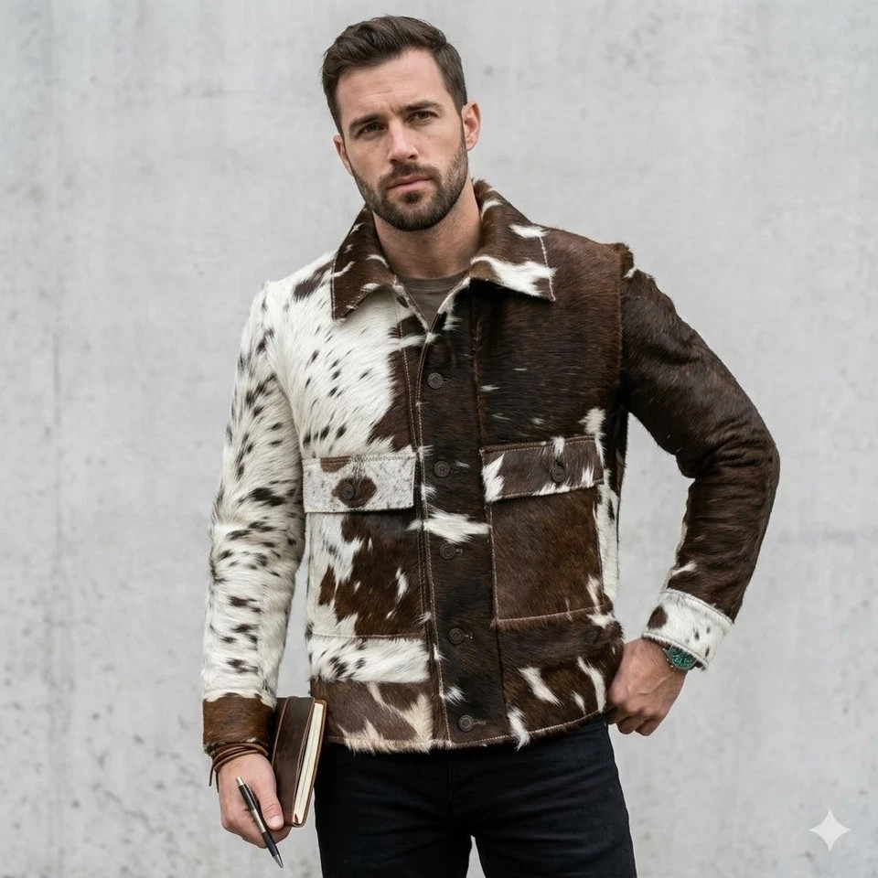 Men’s Brown and White Patchwork Cowhide Hair-On Leather Jacket – Front Button.