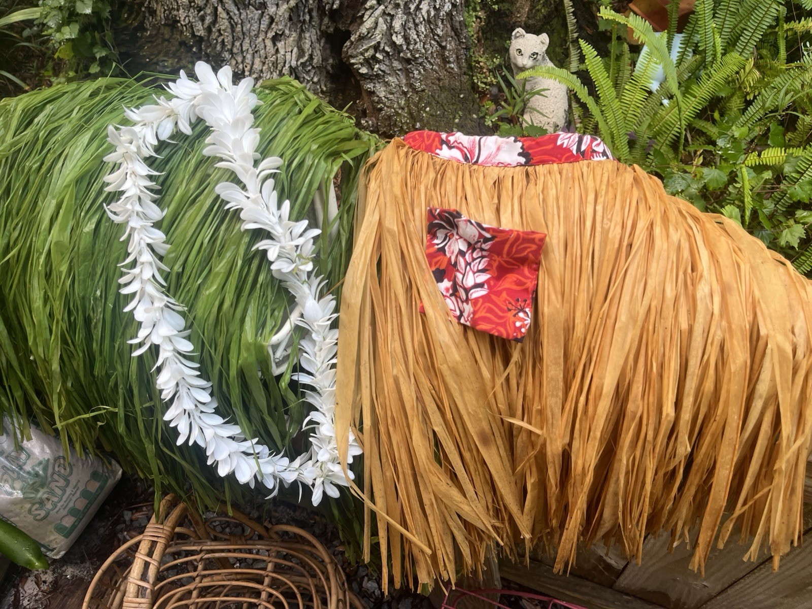 2 Vintage Hawaiian Luau Raffia Hula Skirts and 1 White Lei