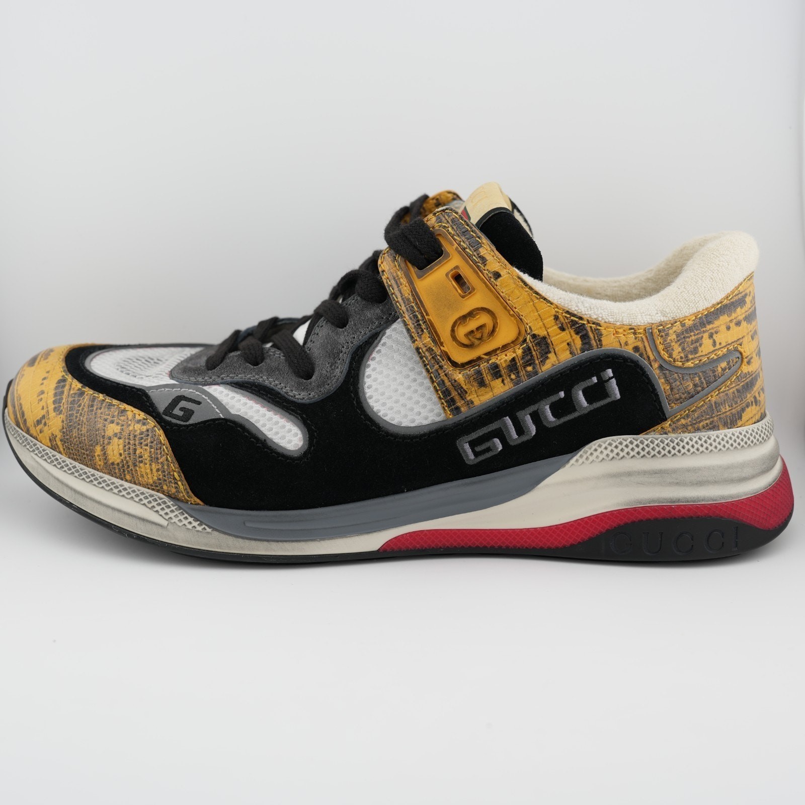 Gucci Ultrapace Leather Mesh Sneakers Low Top Yellow Tejus Printed US 9.5 Men