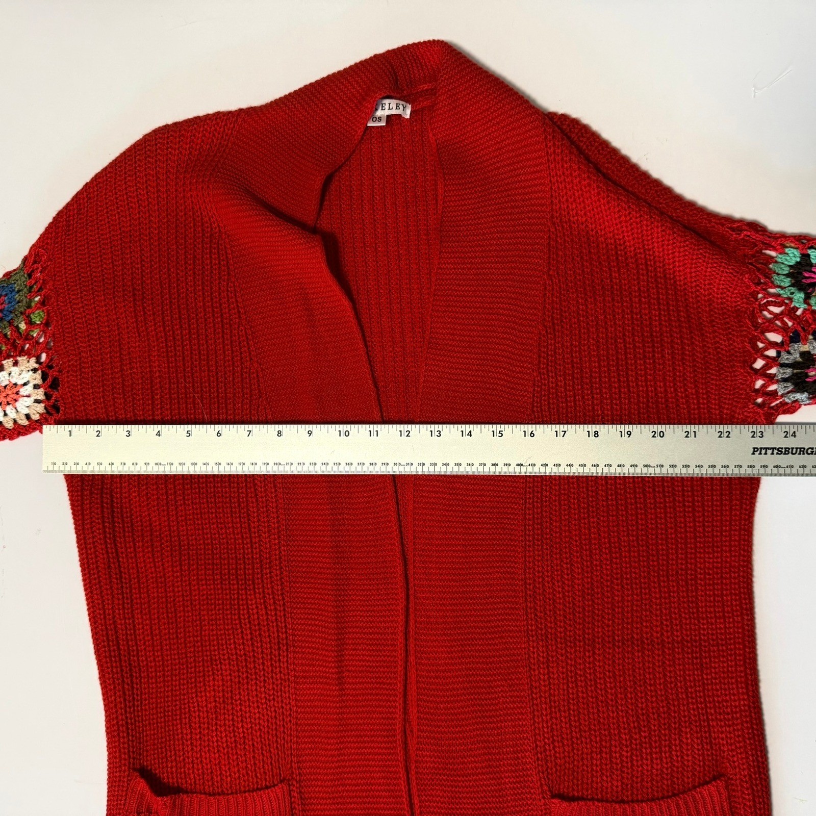 Blakeley Red Crochet Granny Square Sleeve Open Front Cardigan Sweater OS Womens