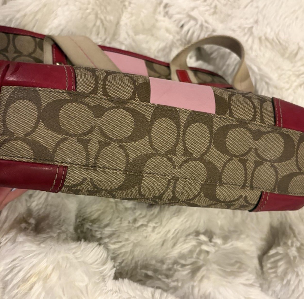 Authentic Coach 11349 Heritage Signature Stripe Tote Khaki Pink Shoulder Bag