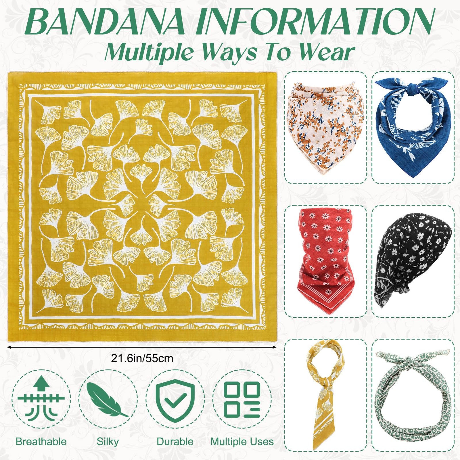 6 Pcs Soft CottonBlend Bandana Square Head Scarf Handkerchief 21.6×21.6in
