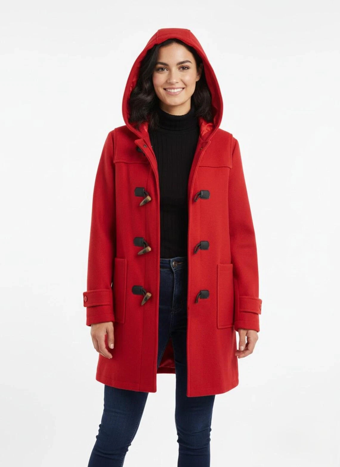 Women’s Red Wool Hooded Duffle Coat Classic Winter Outerwear Coat