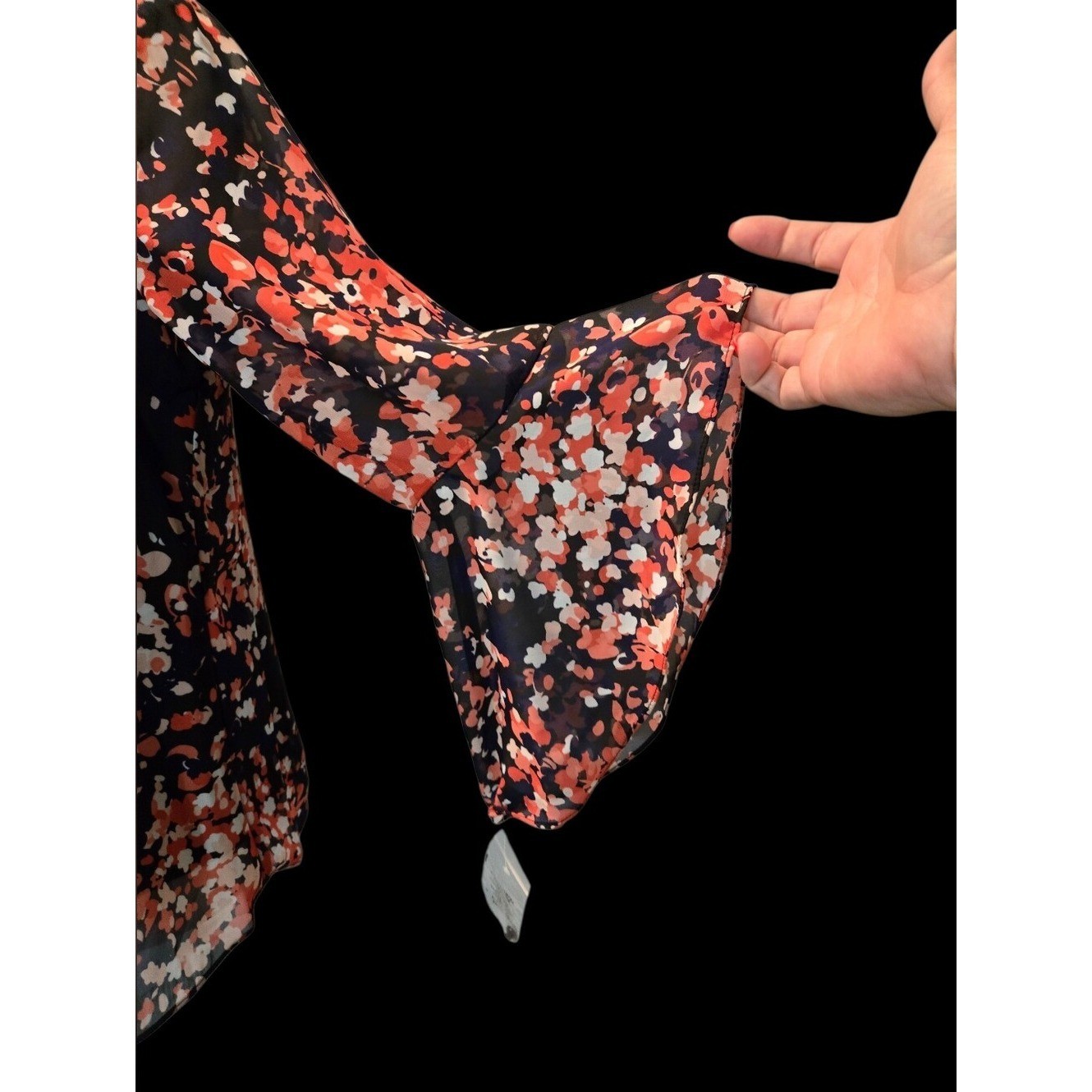 Kasper Black Blouse with Coral, Navy, and Cream Floral Print