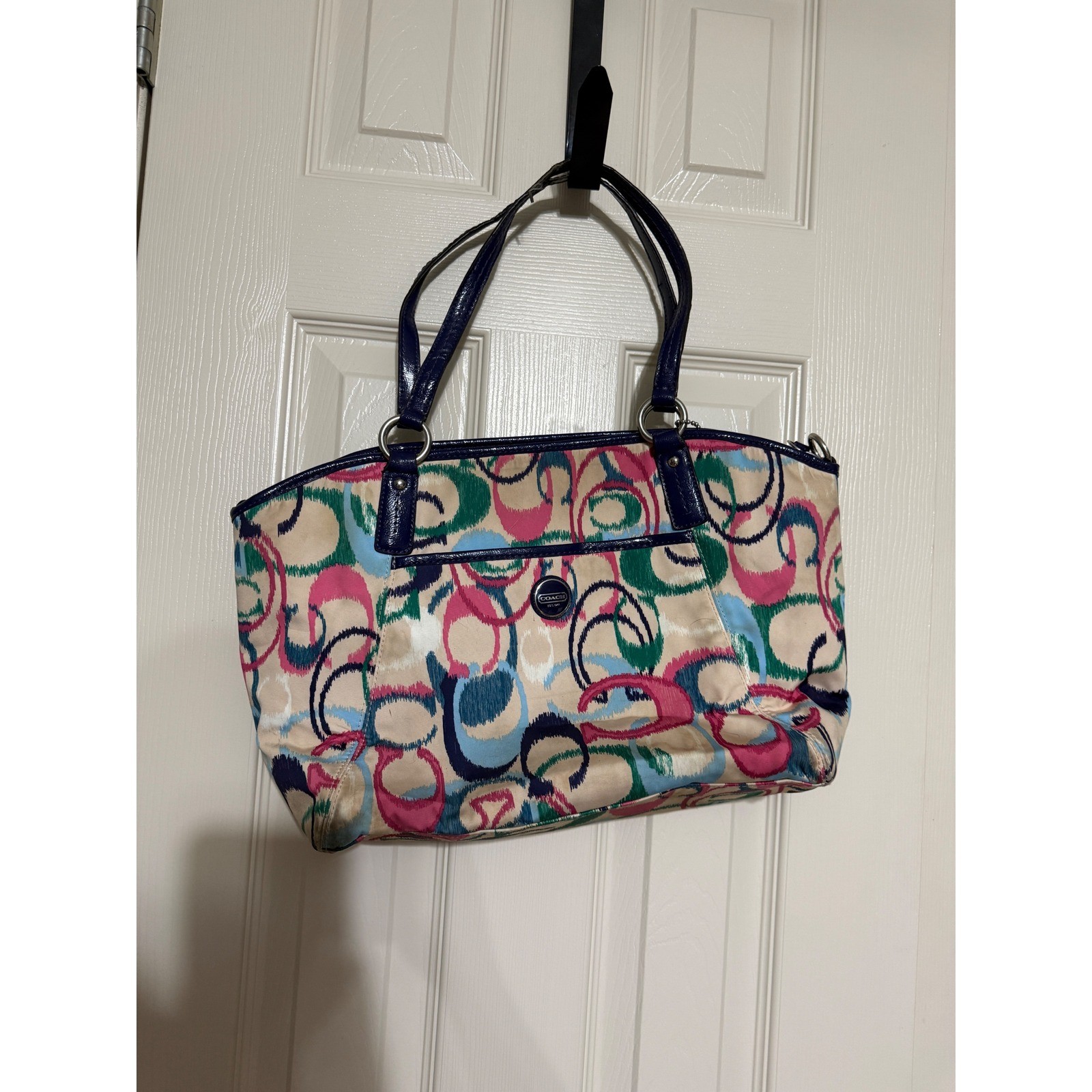Coach Poppy Multicolor Ikat Scribble C Logo Sateen Tote Bag Purple Trim 24444