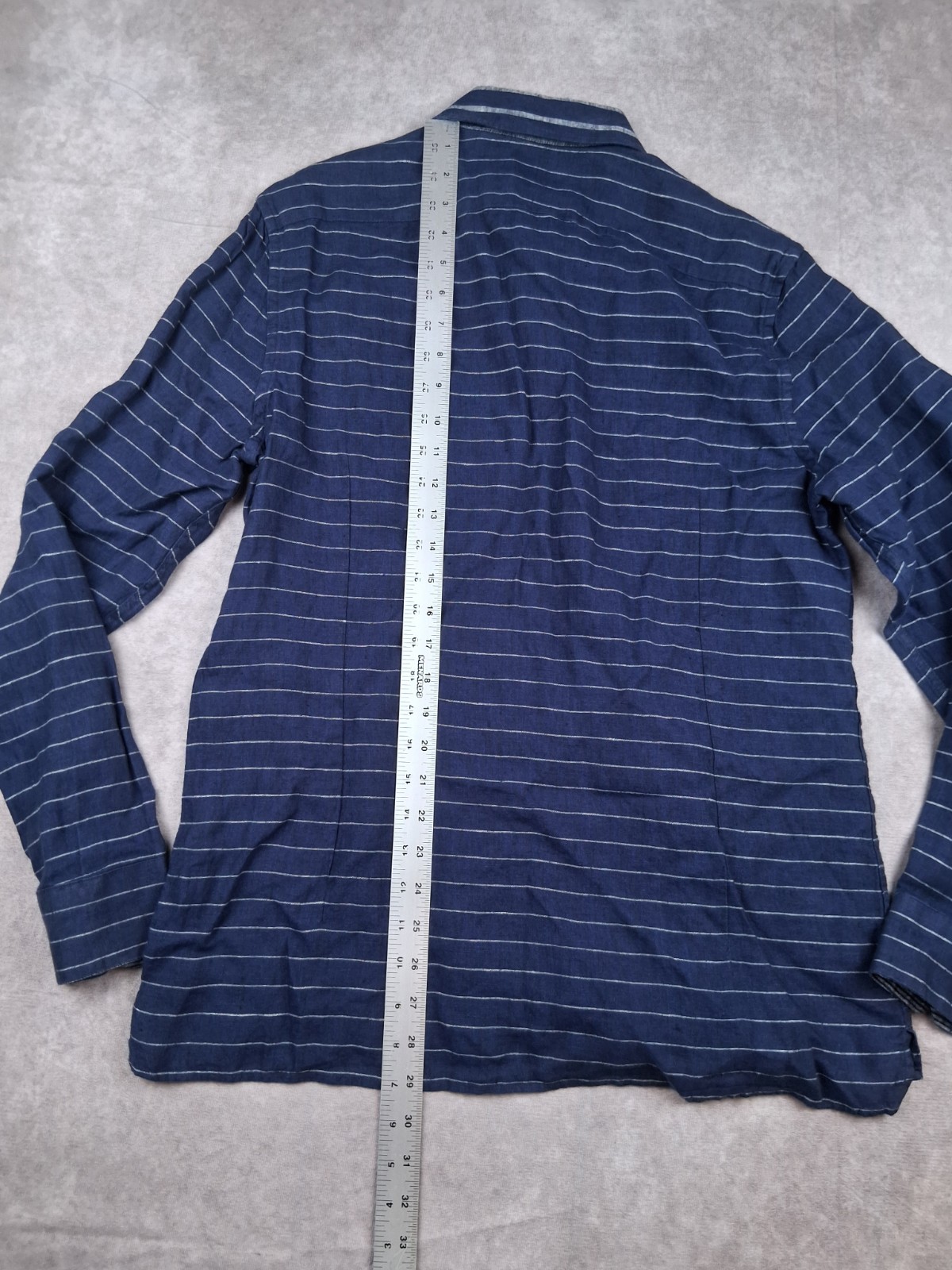 Murano Baird McNutt Linen Shirt Mens Large Slim Fit Navy Blue Striped Pocket NEW