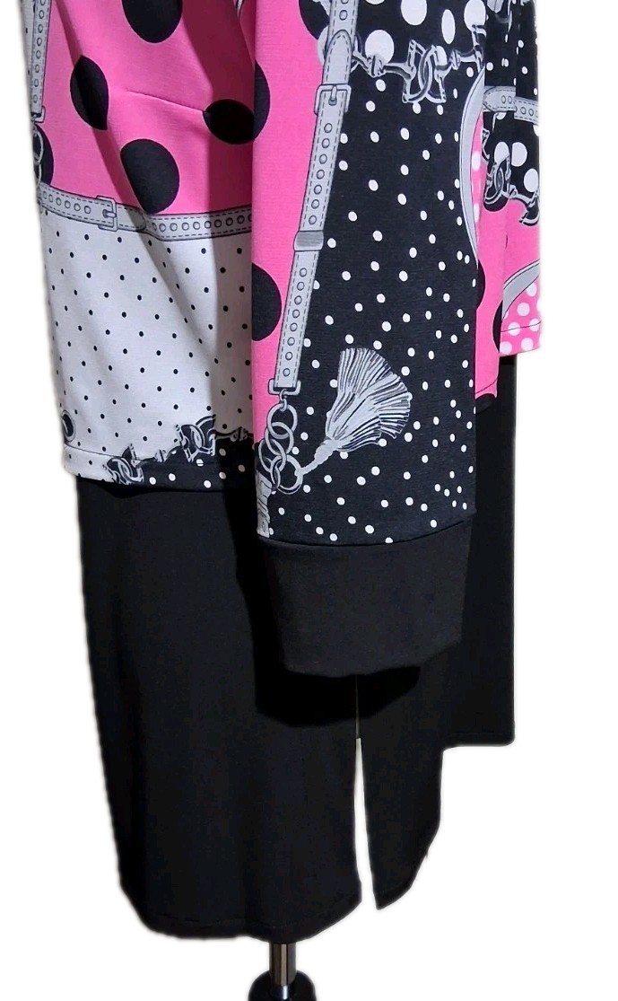 Nygard Layered Tunic Stretch Top Pink Black White Mixed Print 3/4 Sleeve Small