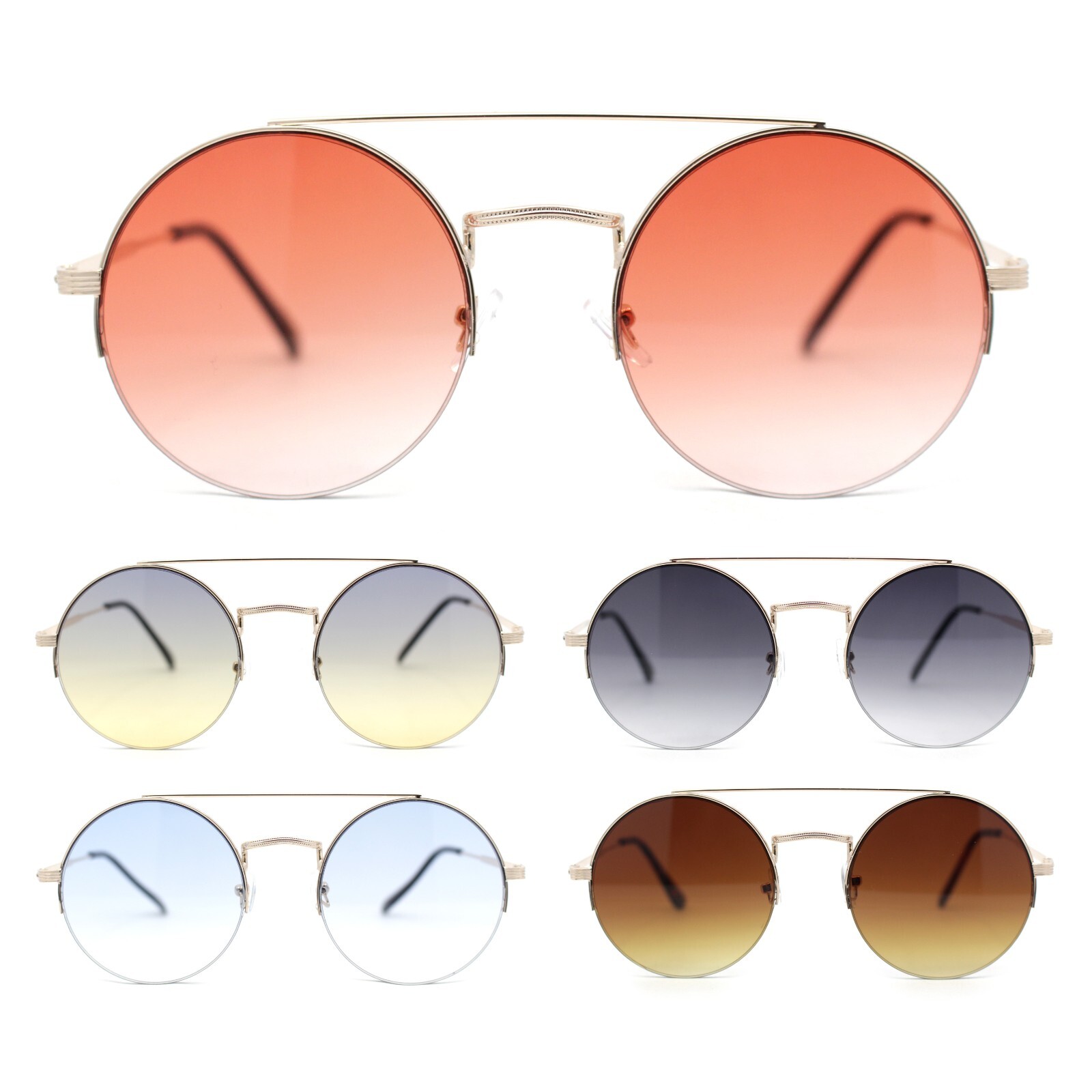 Hippie Gradient Round Circle Lens Metal Half Rim Double Bridge Sunglasses
