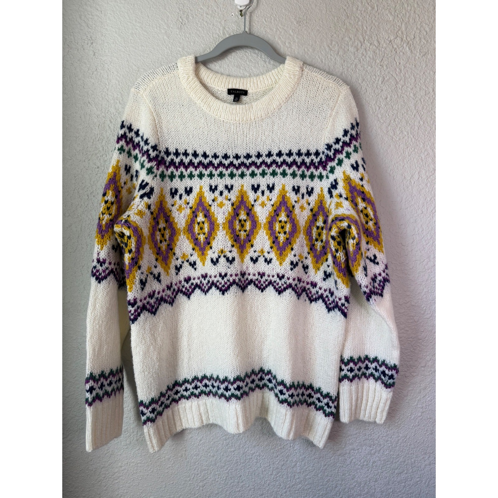Talbots Womens XL Fair Isle Knit Sweater Ivory Purple Yellow Diamond Wool Blend