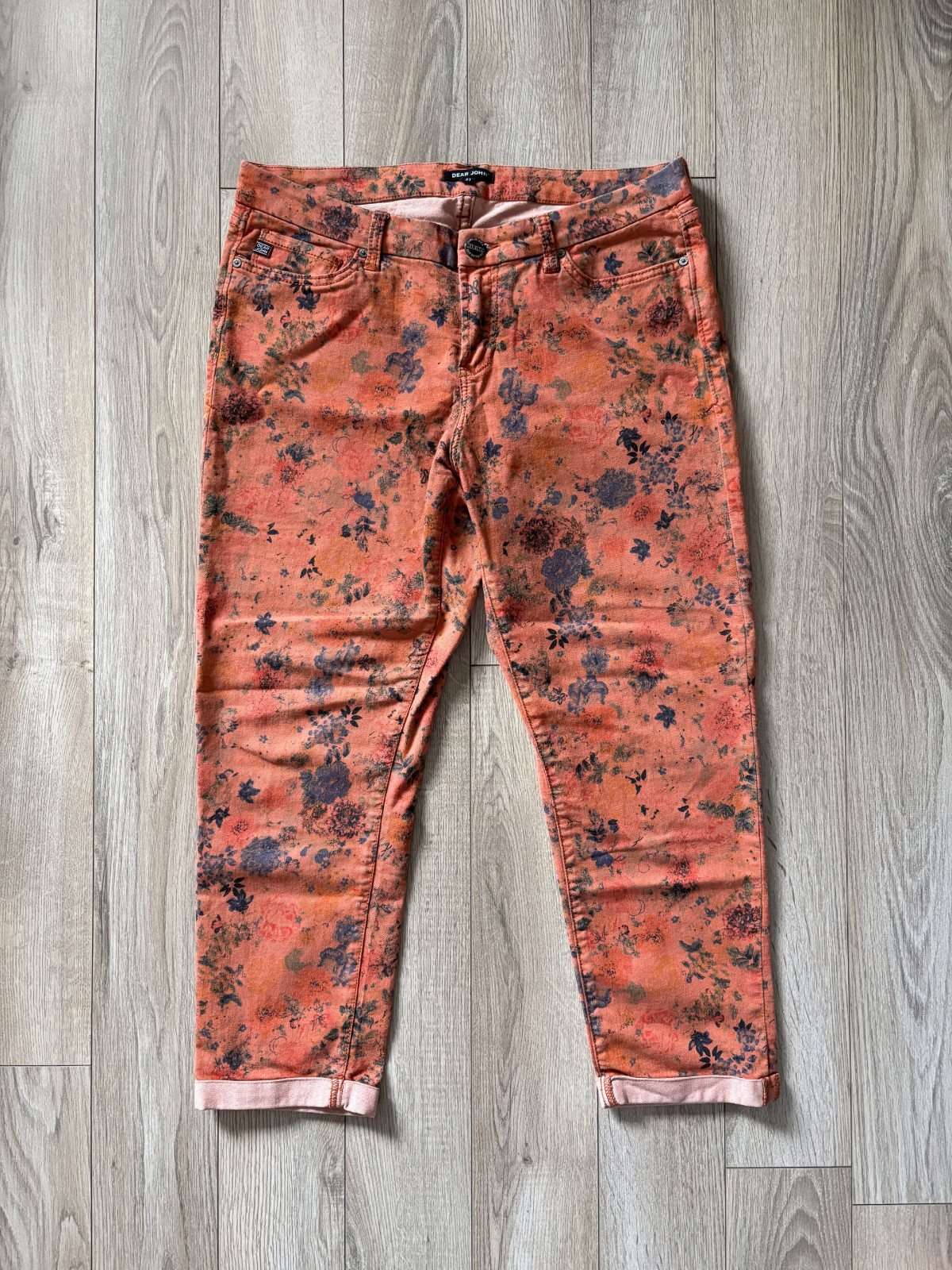 Dear John Coral Floral Print Ankle Skinny Jeans Womens Size 31 Guava Girl Boho