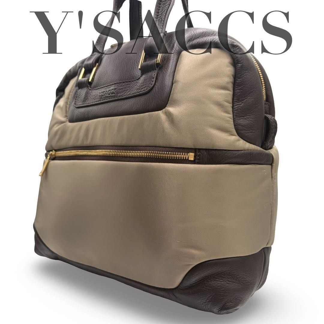 Y’Saccs Isaac Dome Handbag Brown Nylon Leather Logo Japan Excellent 069639