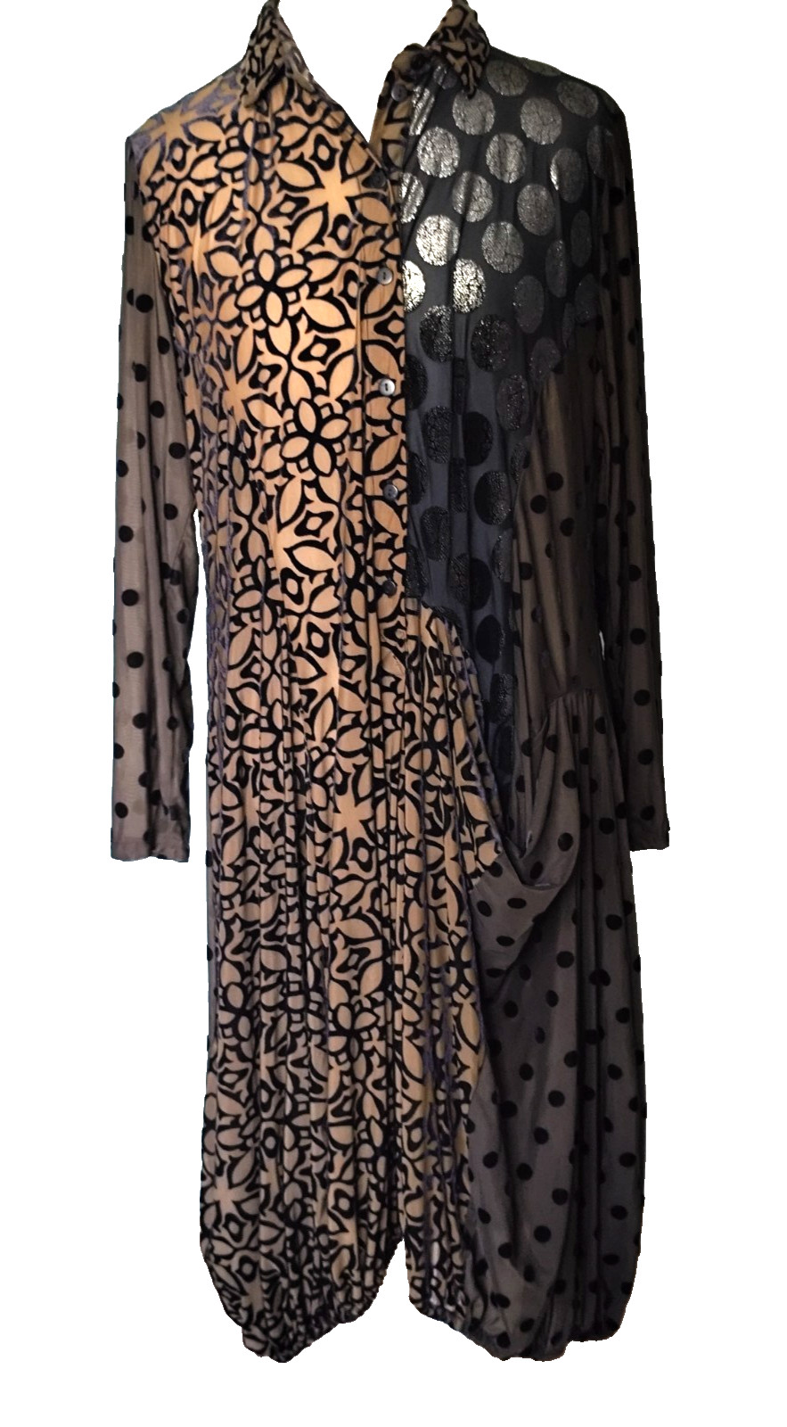 Alembika Draped Cocoon Dress Mix Fabric/Pattern Long Sleeve Bubble Hem Womens XL