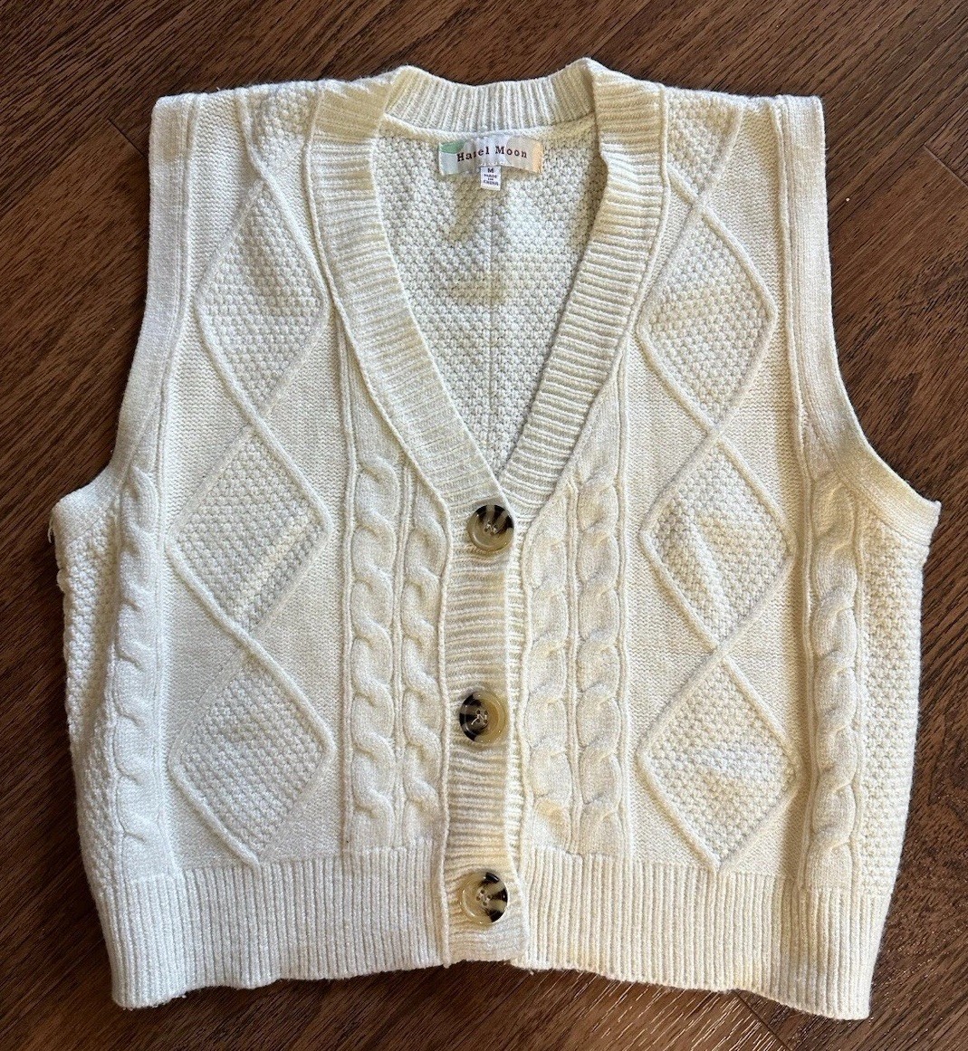 Hazel Moon Cream Cable Knit Sweater Vest Cardigan Top Cropped Womens Size M