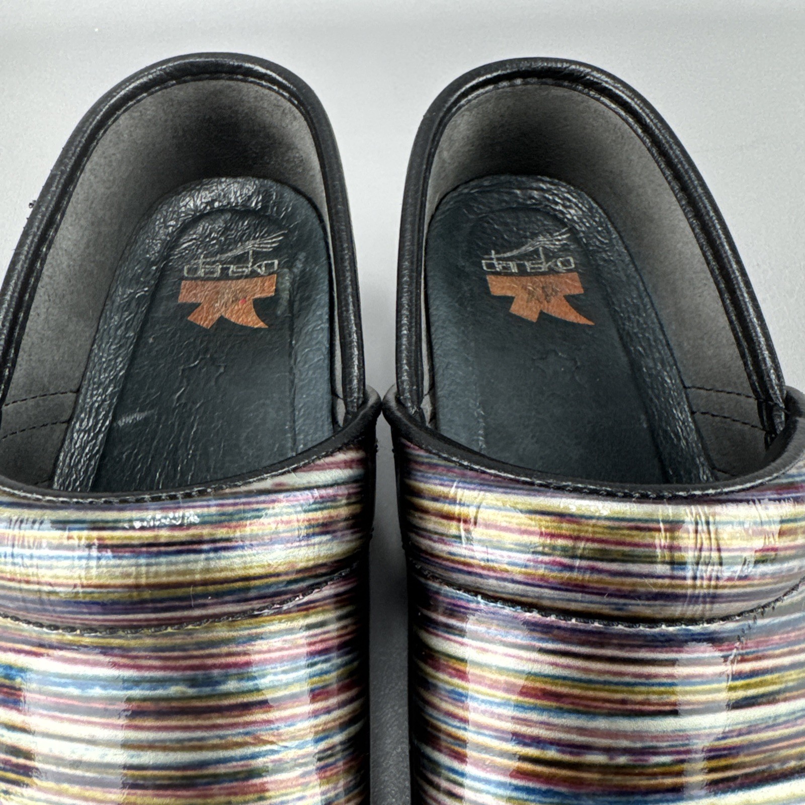 Dansko Pro XP Grey Multi-Colored Striped Patent Leather Clogs Sz 38 US 7.5-8