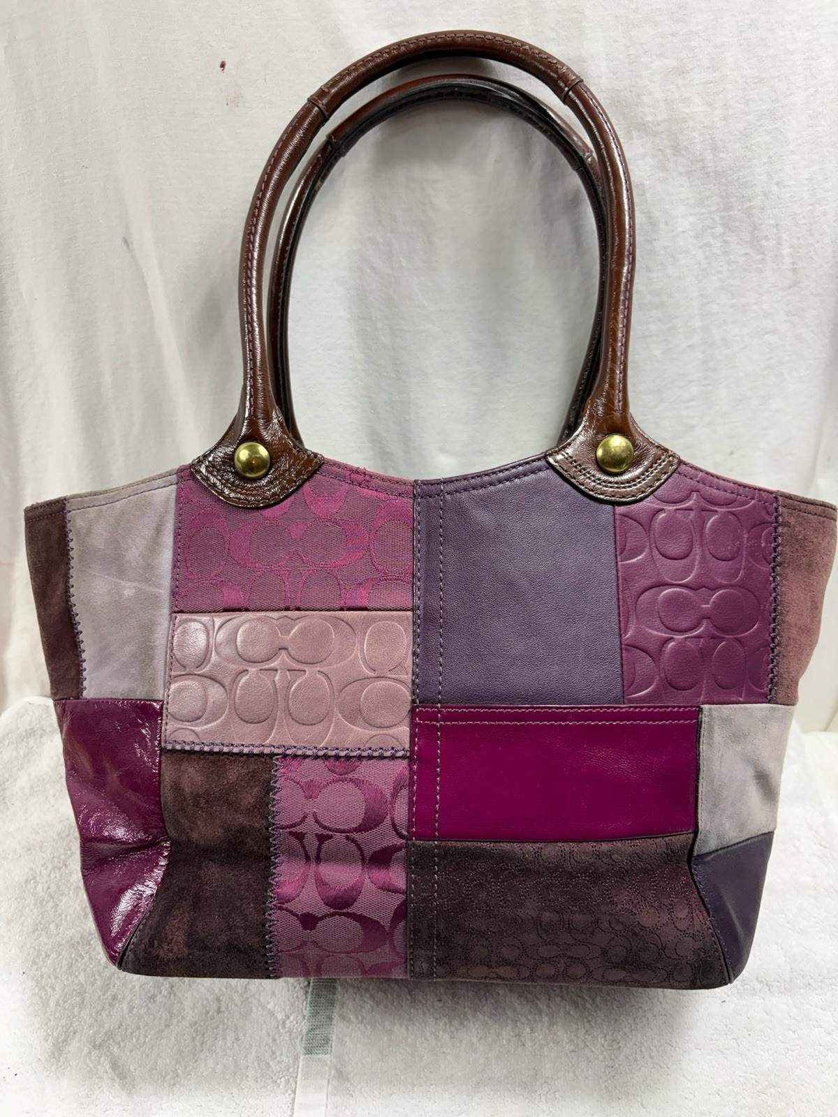 Coach Bleecker Purple Patchwork Tote Bag Leather Suede Signature Y2K F14045