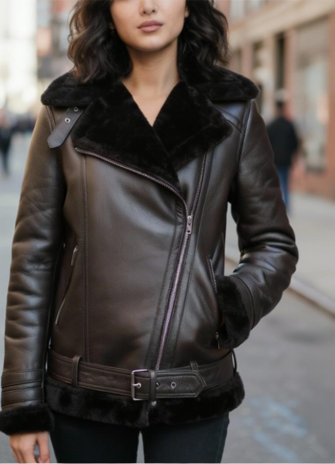 Womens Dark Brown Lambskin Leather B3 Bomber Jacket, Faux Shearling Moto Coat