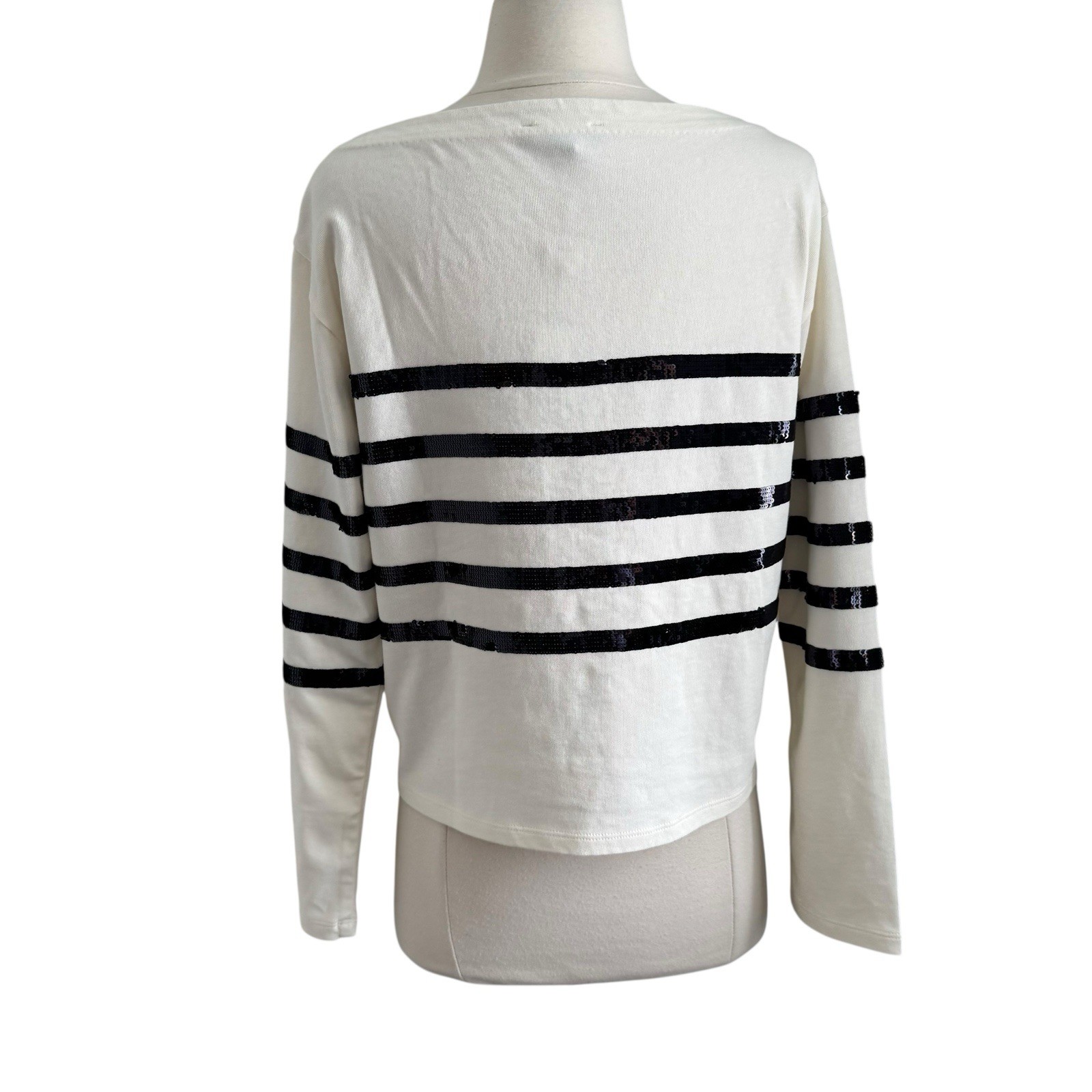 J Crew Mariner Jersey Cropped Boatneck Sequin Top Womens SZ XS Black White NWT