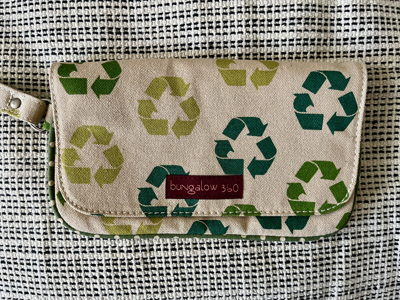 Bungalow 360 Wristlet Clutch, Hand Strap, Canvas, Recycle Logo Print, Peace Pull