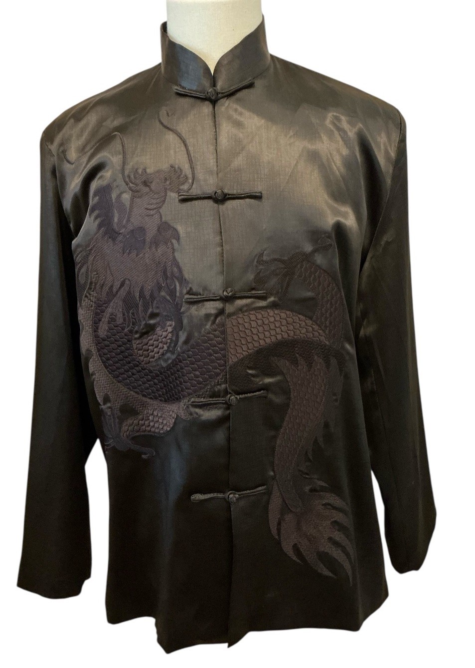 New Asian XL Dragon Satin Embroidered Black Frog Toggle Closure Kimono Jacket
